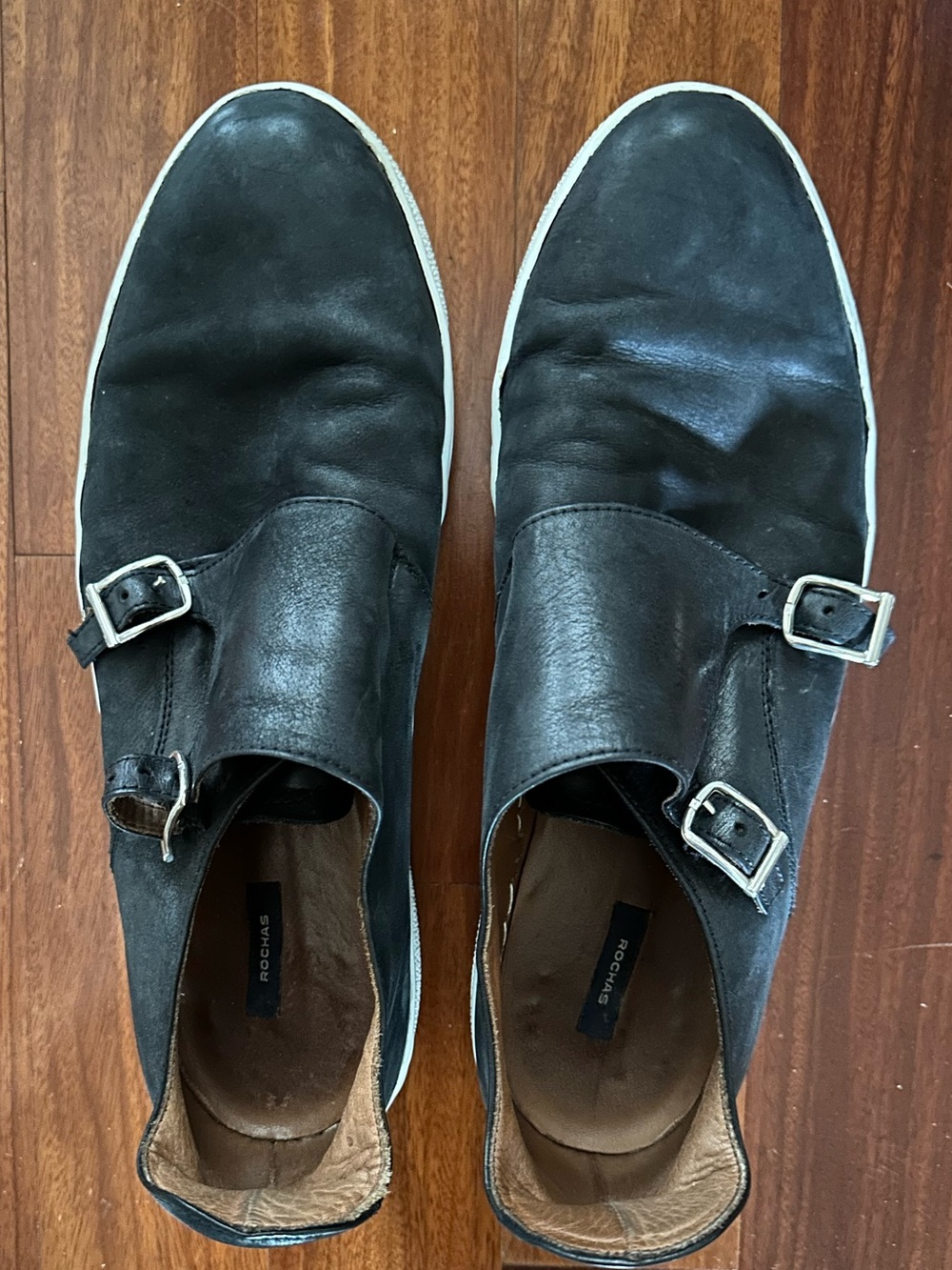 Rochas Black Leather Double Monk Strap Loafers with White Soles